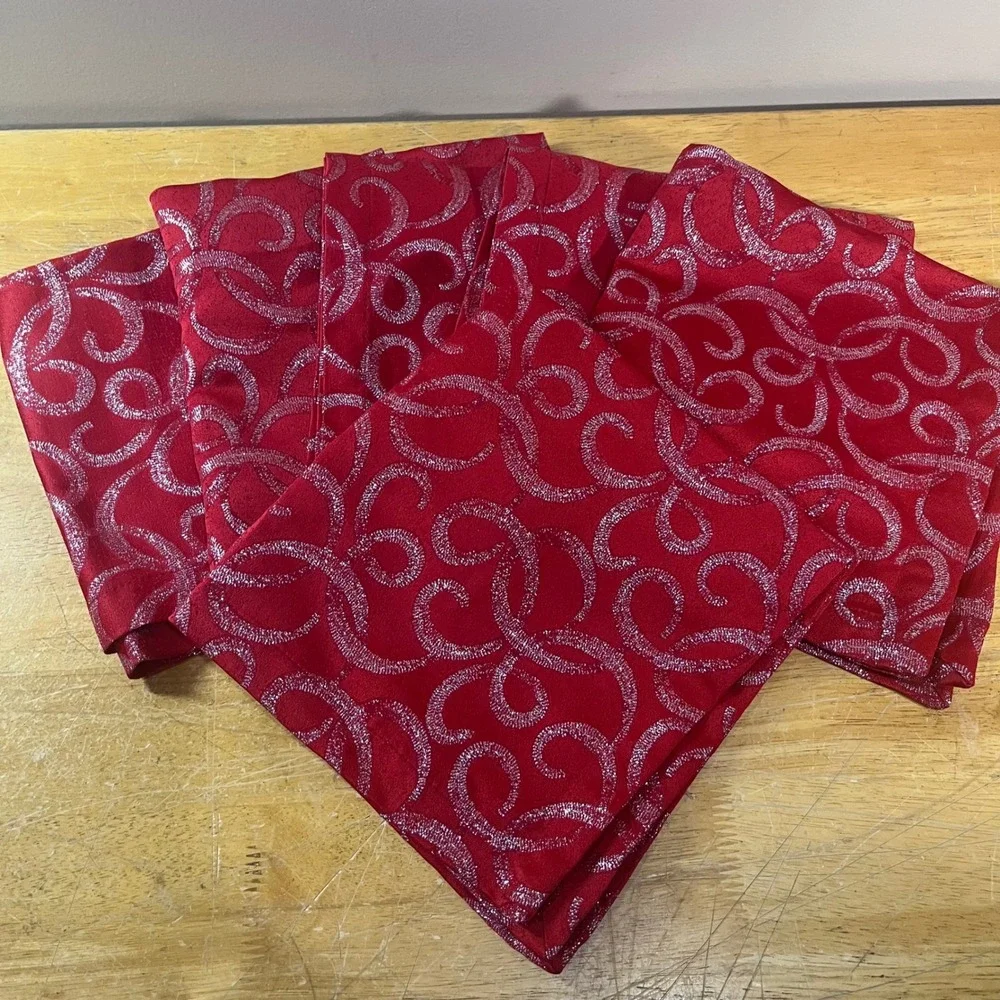 Waterford Napkins 6pc 21x21 Red Silver Excellent Vtg Glitter Scroll Metallic